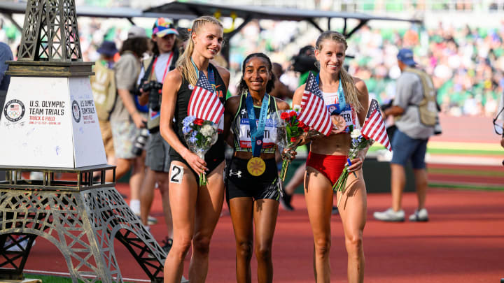 Jun 29, 2024; Eugene, OR, USA; Medalists in the women’s 10,000 meters. Weini Kelati gold (center), Parker Valby silver (left) and Karissa Schweizer (right) at the US Olympic Track and Field Team Trials. Mandatory Credit: Craig Strobeck-USA TODAY Sports