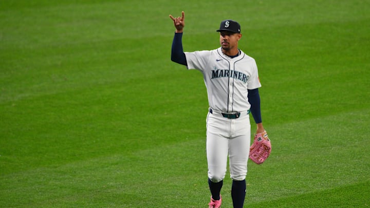 Oct 16, 2025; Seattle, Washington, USA; Seattle Mariners center fielder Julio Rodriguez (44) reacts after catching a fly ball in the fifth inning against the Toronto Blue Jays during game four of the ALCS round for the 2025 MLB playoffs at T-Mobile Park. Mandatory Credit: Steven Bisig-Imagn Images
