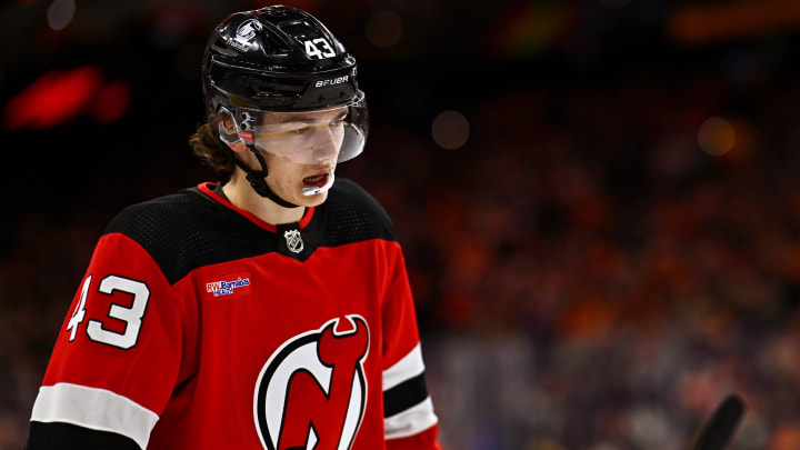 Apr 13, 2024; Philadelphia, Pennsylvania, USA; New Jersey Devils defenseman Luke Hughes (43) looks on against the Philadelphia Flyers in the first period at Wells Fargo Center. Mandatory Credit: Kyle Ross-USA TODAY Sports