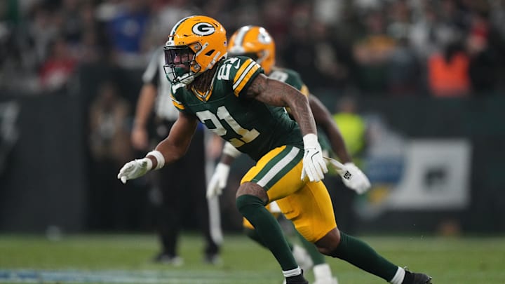 Sep 6, 2024; Sao Paulo, BRA; Green Bay Packers cornerback Eric Stokes (21) during the second half against the Philadelphia Eagles at Neo Quimica Arena. Mandatory Credit: Kirby Lee-Imagn Images Sep 6, 2024; Sao Paulo, BRA; Green Bay Packers cornerback Eric Stokes (21) during the second half against the Philadelphia Eagles at Neo Quimica Arena. Mandatory Credit: Kirby Lee-Imagn Images