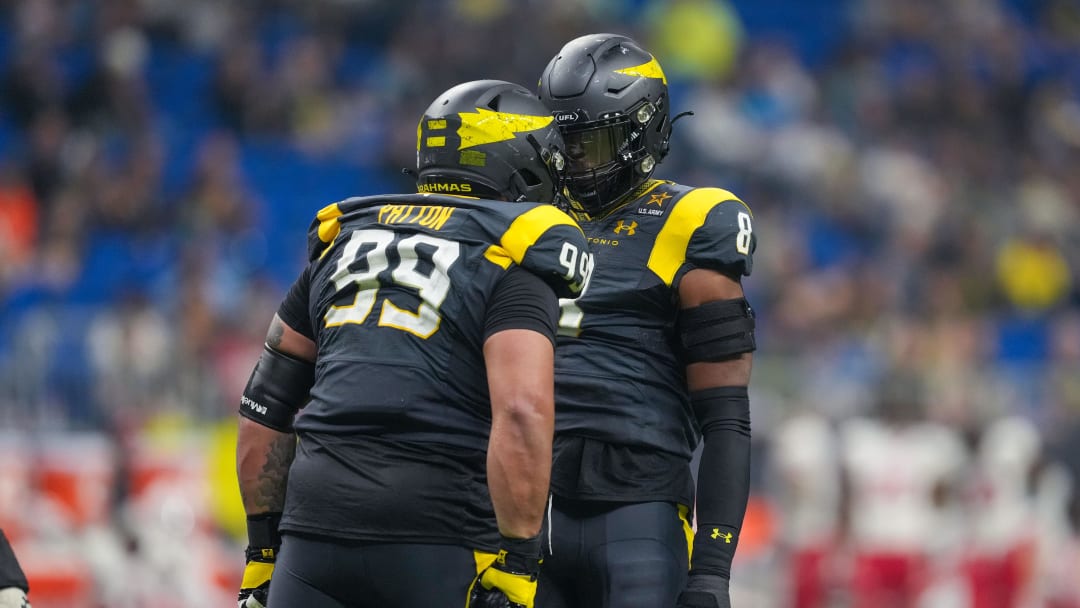 Mar 31, 2024; San Antonio, TX, USA;  San Antonio Brahmas defensive tackle Caeveon Patton (99) and defensive end Tim Ward (8) celebrate a sack in the second half against the DC Defenders at The Alamodome. Mandatory Credit: Daniel Dunn-USA TODAY Sports