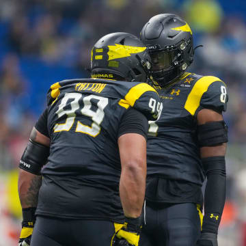 Mar 31, 2024; San Antonio, TX, USA;  San Antonio Brahmas defensive tackle Caeveon Patton (99) and defensive end Tim Ward (8) celebrate a sack in the second half against the DC Defenders at The Alamodome. Mandatory Credit: Daniel Dunn-USA TODAY Sports