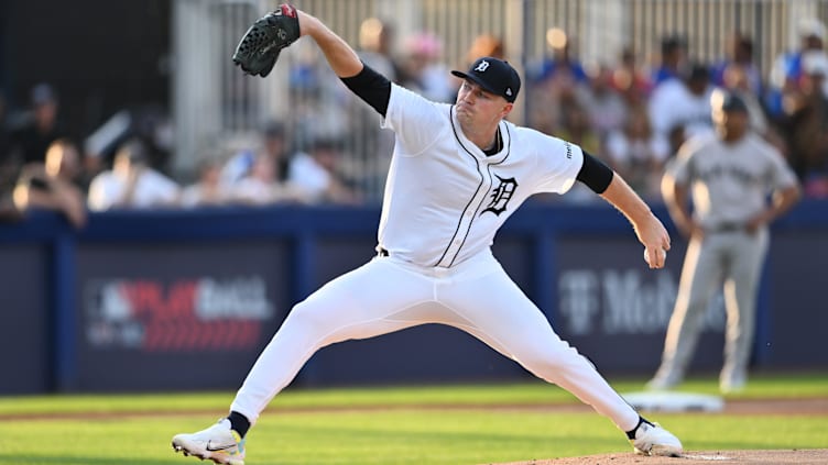 Aug 18, 2024; Williamsport, Pennsylvania, USA; Detroit Tigers starting pitcher Tarik Skubal (29) throws a pitch against the New York Yankees in the first inning at BB&T Ballpark at Historic Bowman Field. Mandatory Credit: Kyle Ross-USA TODAY Sports