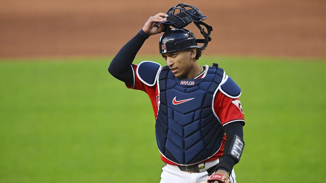 Apr 28, 2026; Cleveland, Ohio, USA; Cleveland Guardians catcher Bo Naylor (23) walks on the field in the sixth inning against the Tampa Bay Rays at Progressive Field. Mandatory Credit: David Richard-Imagn Images