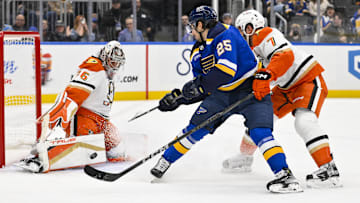 Jan 9, 2025; St. Louis, Missouri, USA;  Anaheim Ducks goaltender John Gibson (36) and defenseman Radko Gudas (7) defend the net against St. Louis Blues center Jordan Kyrou (25) during the second period at Enterprise Center. Mandatory Credit: Jeff Curry-Imagn Images