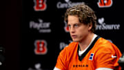 Cincinnati Bengals quarterback Joe Burrow speaks at a press conference at Paycor Stadium in Cincinnati on Nov. 25, 2025.