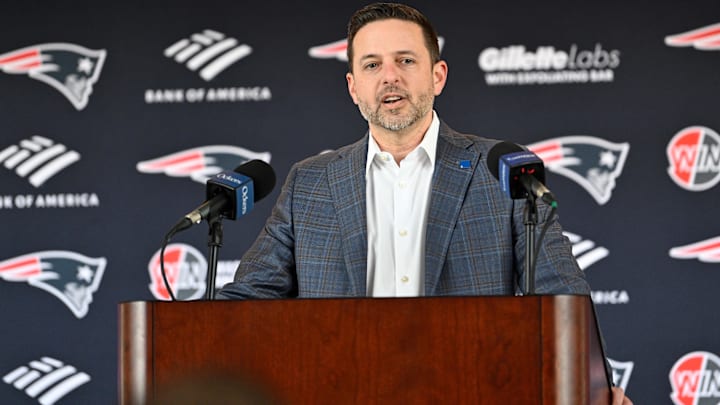 Mar 13, 2025; Foxborough, MA, USA; New England Patriots executive vice president of player personnel Eliot Wolf discusses the teamís recent free agent additions with the media at Gillette Stadium. Mandatory Credit: Eric Canha-Imagn Images