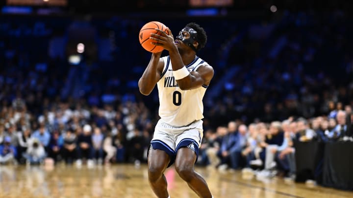 Mar 9, 2024; Philadelphia, Pennsylvania, USA; Villanova Wildcats guard TJ Bamba (0) shoots against the Creighton Bluejays in the second half at Wells Fargo Center. Mandatory Credit: Kyle Ross-USA TODAY Sports