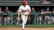 Feb 28, 2025; Stanford, CA, USA; Stanford Cardinal third baseman Trevor Haskins (5) jogs to first base after hitting a home run against the Xavier Musketeers during the third inning at Sunken Diamond. Mandatory Credit: Darren Yamashita-Imagn Images