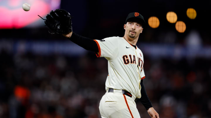 Aug 12, 2024; San Francisco, California, USA; San Francisco Giants pitcher Blake Snell (7) reacts after giving up a double to Atlanta Braves designated hitter Marcell Ozuna (20) during the seventh inning at Oracle Park. Mandatory Credit: Sergio Estrada-USA TODAY Sports