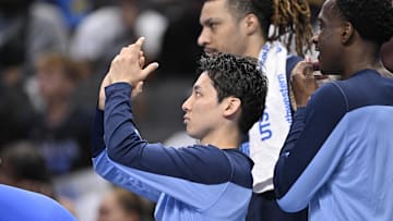 Oct 7, 2024; Dallas, Texas, USA; Memphis Grizzlies guard Yuki Kawamura (17) looks on from the bench during the second quarter against the Dallas Mavericks at the American Airlines Center. Mandatory Credit: Jerome Miron-Imagn Images