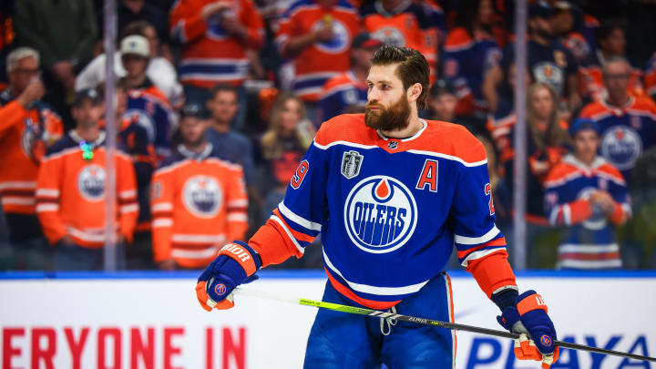 Jun 21, 2024; Edmonton, Alberta, CAN; Edmonton Oilers center Leon Draisaitl (29) during the warmup period against the Florida Panthers in Game 6 of the 2024 Stanley Cup Final at Rogers Place.