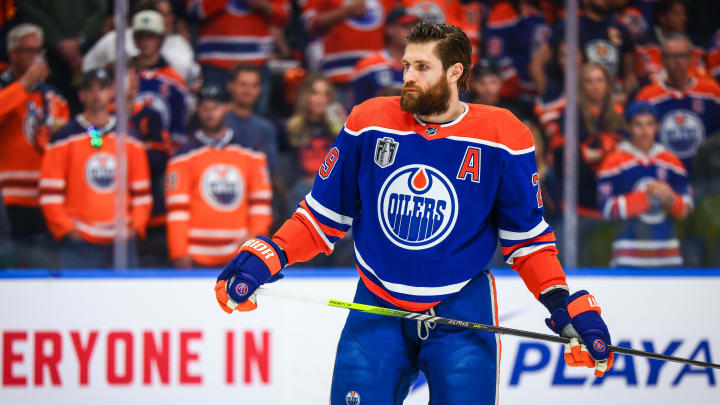 Jun 21, 2024; Edmonton, Alberta, CAN; Edmonton Oilers center Leon Draisaitl (29) during the warmup period against the Florida Panthers in game six of the 2024 Stanley Cup Final at Rogers Place. Mandatory Credit: Sergei Belski-USA TODAY Sports