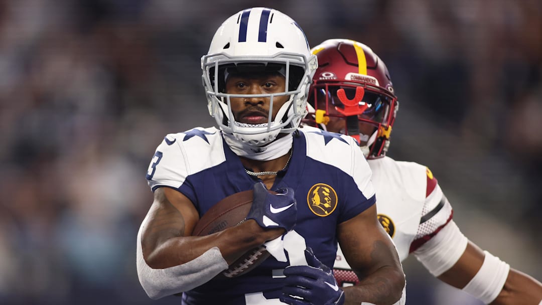 Nov 23, 2023; Arlington, Texas, USA; Dallas Cowboys wide receiver Brandin Cooks (3) scores a touchdown in the second quarter against the Washington Commanders at AT&T Stadium. Mandatory Credit: Tim Heitman-Imagn Images