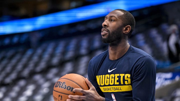 Nov 18, 2022; Dallas, Texas, USA; Denver Nuggets guard Davon Reed (9) warms up before the game between the Dallas Mavericks and the Denver Nuggets at the American Airlines Center. Mandatory Credit: Jerome Miron-Imagn Images