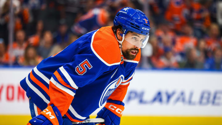 Jun 21, 2024; Edmonton, Alberta, CAN; Edmonton Oilers defenseman Cody Ceci (5) against the Florida Panthers during the first period in game six of the 2024 Stanley Cup Final at Rogers Place. Mandatory Credit: Sergei Belski-USA TODAY Sports