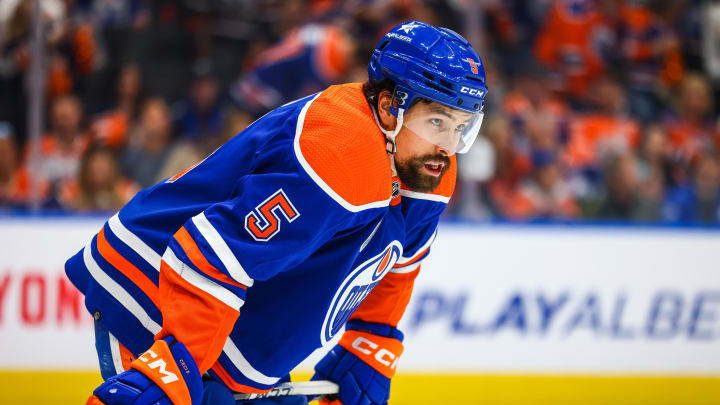 Jun 21, 2024; Edmonton, Alberta, CAN; Edmonton Oilers defenseman Cody Ceci (5) against the Florida Panthers during the first period in game six of the 2024 Stanley Cup Final at Rogers Place. Mandatory Credit: Sergei Belski-USA TODAY Sports