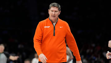 Mar 14, 2025; Charlotte, NC, USA; Clemson Tigers head coach Brad Brownell reacts in the first half at Spectrum Center. Mandatory Credit: Bob Donnan-Imagn Images
