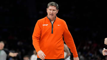Mar 14, 2025; Charlotte, NC, USA; Clemson Tigers head coach Brad Brownell reacts in the first half at Spectrum Center. Mandatory Credit: Bob Donnan-Imagn Images