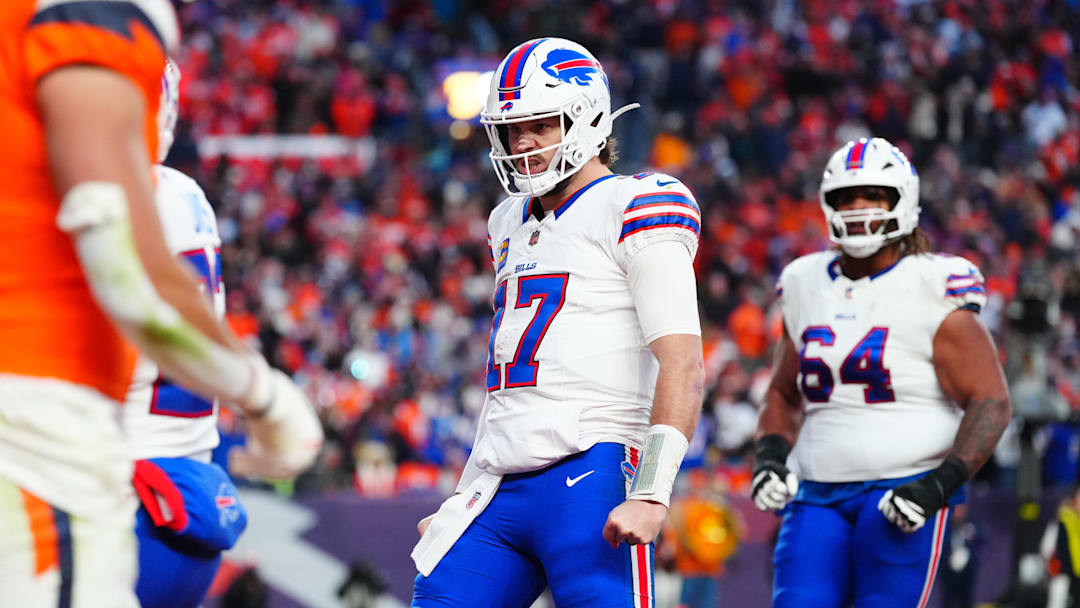 Jan 17, 2026; Denver, CO, USA; Buffalo Bills quarterback Josh Allen (17) celebrates after a touchdown against the Denver Broncos during the fourth quarter of an AFC Divisional Round playoff game at Empower Field at Mile High. 