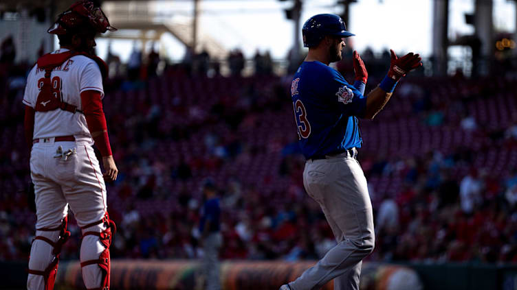 Chicago Cubs first baseman David Bote (13) celebrates after hitting a 3-run home run in the second