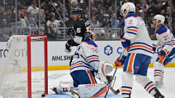 Los Angeles Kings right wing Quinton Byfield (55) celebrates after scoring past Edmonton Oilers goaltender Stuart Skinner (74)