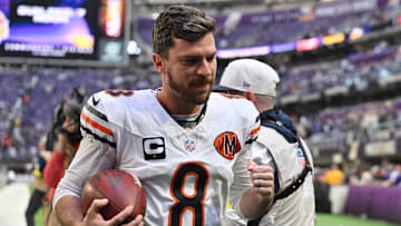 Nov 16, 2025; Minneapolis, Minnesota, USA; Chicago Bears kicker Cairo Santos (8) reacts after kicking a game-winning field goal against the Minnesota Vikings at U.S. Bank Stadium. Mandatory Credit: Jeffrey Becker-Imagn Images