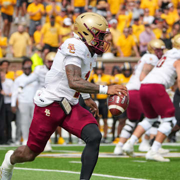 Sep 14, 2024; Columbia, Missouri, USA; Boston College Eagles quarterback Thomas Castellanos (1) runs the ball against the Missouri Tigers during the first half at Faurot Field at Memorial Stadium. Mandatory Credit: Denny Medley-Imagn Images