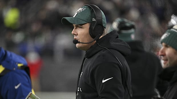 Philadelphia Eagles offensive coordinator Kellen Moore on the sidelines during the first half against the Baltimore Ravens