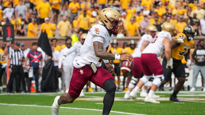 Sep 14, 2024; Columbia, Missouri, USA; Boston College Eagles quarterback Thomas Castellanos (1) runs the ball against the Missouri Tigers during the first half at Faurot Field at Memorial Stadium. Mandatory Credit: Denny Medley-Imagn Images