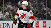 Mar 4, 2025; Dallas, Texas, USA; New Jersey Devils defenseman Luke Hughes (43) in action during the game between the Dallas Stars and the New Jersey Devils at the American Airlines Center. Mandatory Credit: Jerome Miron-Imagn Images
