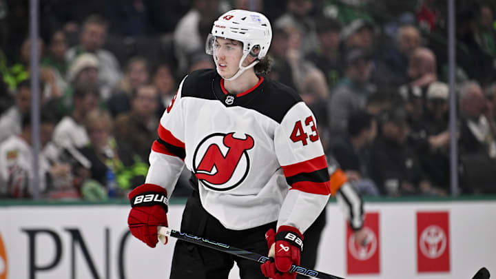 Mar 4, 2025; Dallas, Texas, USA; New Jersey Devils defenseman Luke Hughes (43) in action during the game between the Dallas Stars and the New Jersey Devils at the American Airlines Center. Mandatory Credit: Jerome Miron-Imagn Images