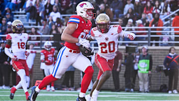 Nov 8, 2025; Chestnut Hill, Massachusetts, USA; Southern Methodist University Mustangs tight end Matthew Hibner (88) runs for a touchdown against Boston College Eagles defensive back Marcus Upton (20) during the second half at Alumni Stadium. Mandatory Credit: Eric Canha-Imagn Images