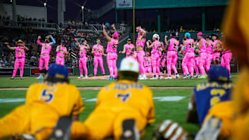 The Savannah Bananas compete against the Party Animals in a banana ball game in front of a sold-out crowd at JetBlue Park in Fort Myers, Fla., on Friday, Feb. 14, 2025.