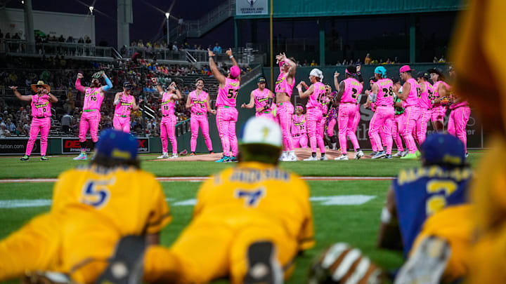 The Savannah Bananas compete against the Party Animals in a banana ball game in front of a sold-out crowd at JetBlue Park in Fort Myers, Fla., on Friday, Feb. 14, 2025.
