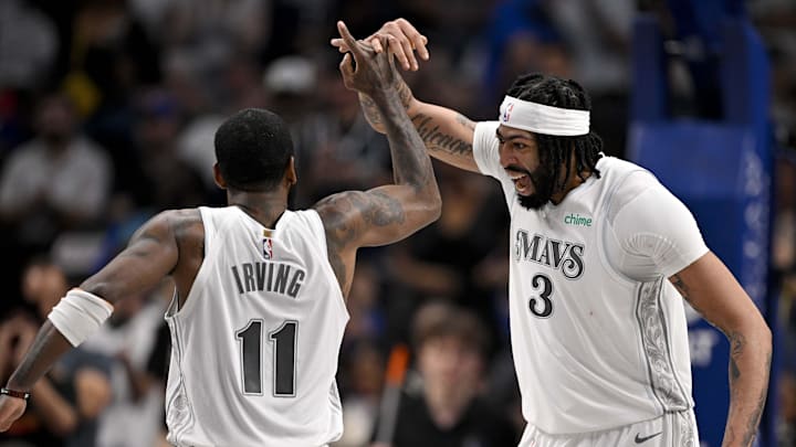 Feb 8, 2025; Dallas, Texas, USA; Dallas Mavericks forward Anthony Davis (3) and guard Kyrie Irving (11) celebrates after Davis dunks the ball during the second quarter against the Houston Rockets at American Airlines Center. Mandatory Credit: Jerome Miron-Imagn Images Feb 8, 2025; Dallas, Texas, USA; Dallas Mavericks forward Anthony Davis (3) and guard Kyrie Irving (11) celebrates after Davis dunks the ball during the second quarter against the Houston Rockets at American Airlines Center. Mandatory Credit: Jerome Miron-Imagn Images