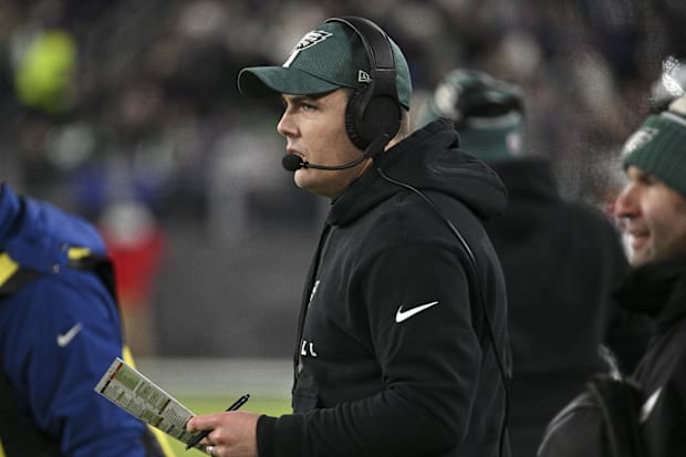 Philadelphia Eagles offensive coordinator Kellen Moore on the sidelines during the first half against the Baltimore Ravens