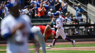 Jul 23, 2025; New York City, New York, USA; New York Mets outfielder Brandon Nimmo (9) runs the bases after hitting a solo home run against the Los Angeles Angels during the first inning at Citi Field. Mandatory Credit: John Jones-Imagn Images