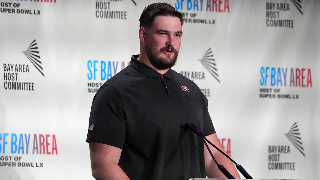 Feb 2, 2026; San Francisco, CA, USA; San Francisco 49ers lineman Colton McKivitz speaks during the Bay Area host committee press conference at the Super Bowl LX media center at the Moscone Center. Mandatory Credit: Kirby Lee-Imagn Images