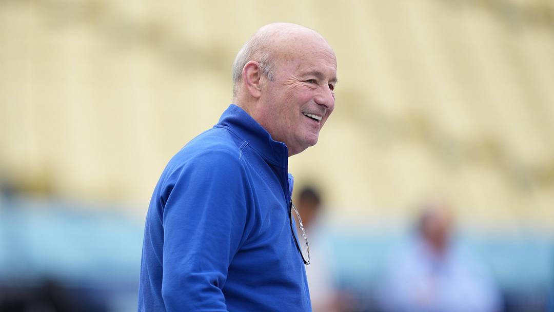Mar 30, 2026; Los Angeles, California, USA; Los Angeles Dodgers president Stan Kasten watches batting practice before the game against the Cleveland Guardians at Dodger Stadium. Mandatory Credit: Kirby Lee-Imagn Images