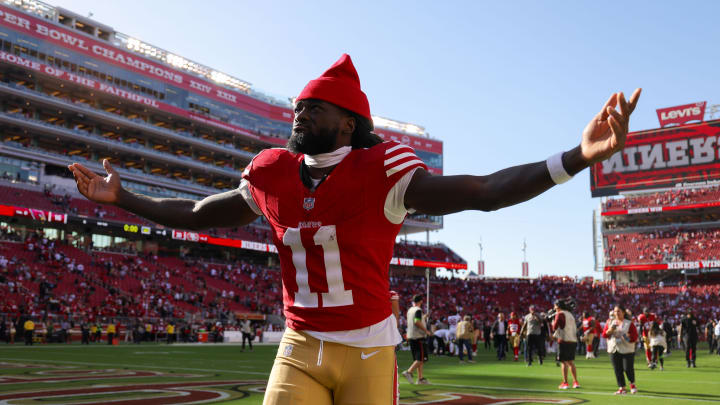 Oct 1, 2023; Santa Clara, California, USA; San Francisco 49ers wide receiver Brandon Aiyuk (11) celebrates after the game against the Arizona Cardinals at Levi's Stadium. Mandatory Credit: Sergio Estrada-USA TODAY Sports