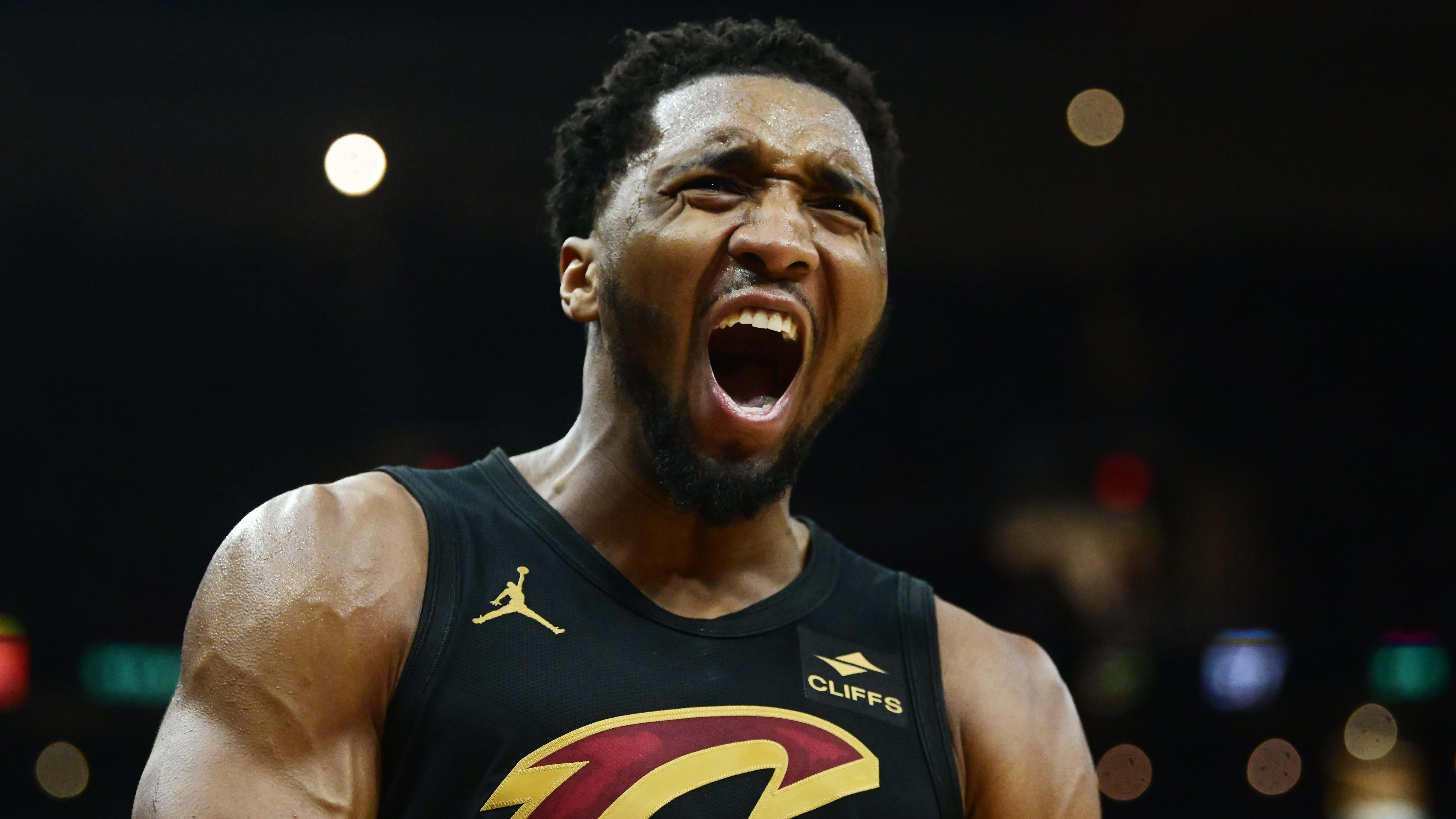 Cleveland Cavaliers guard Donovan Mitchell (45) reacts after beating the Magic in Game 7. 