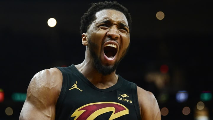 May 5, 2024; Cleveland, Ohio, USA; Cleveland Cavaliers guard Donovan Mitchell (45) reacts after a basket during the second half against the Orlando Magic in game seven of the first round for the 2024 NBA playoffs at Rocket Mortgage FieldHouse. Mandatory Credit: Ken Blaze-USA TODAY Sports