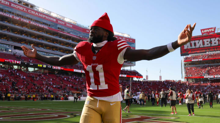 Oct 1, 2023; Santa Clara, California, USA; San Francisco 49ers wide receiver Brandon Aiyuk (11) celebrates after the game against the Arizona Cardinals at Levi's Stadium. Mandatory Credit: Sergio Estrada-USA TODAY Sports