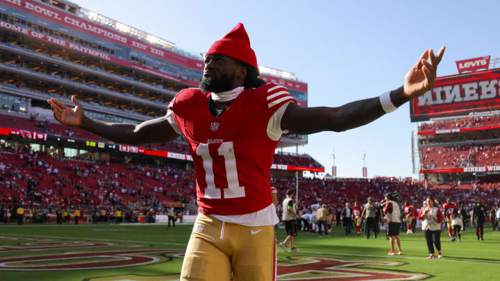 Aiyuk celebrates after a game against the Arizona Cardinals at Levi's Stadium.