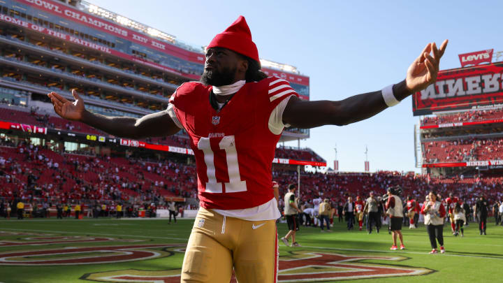 Oct 1, 2023; Santa Clara, California, USA; San Francisco 49ers wide receiver Brandon Aiyuk (11) celebrates after the game against the Arizona Cardinals at Levi's Stadium. Mandatory Credit: Sergio Estrada-USA TODAY Sports