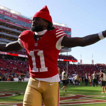 Oct 1, 2023; Santa Clara, California, USA; San Francisco 49ers wide receiver Brandon Aiyuk (11) celebrates after the game against the Arizona Cardinals at Levi's Stadium. Mandatory Credit: Sergio Estrada-USA TODAY Sports