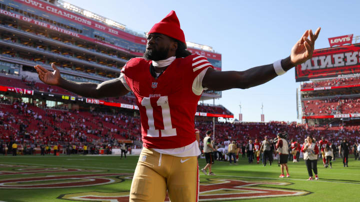 Oct 1, 2023; Santa Clara, California, USA; San Francisco 49ers wide receiver Brandon Aiyuk (11) celebrates after the game against the Arizona Cardinals at Levi's Stadium. Mandatory Credit: Sergio Estrada-USA TODAY Sports