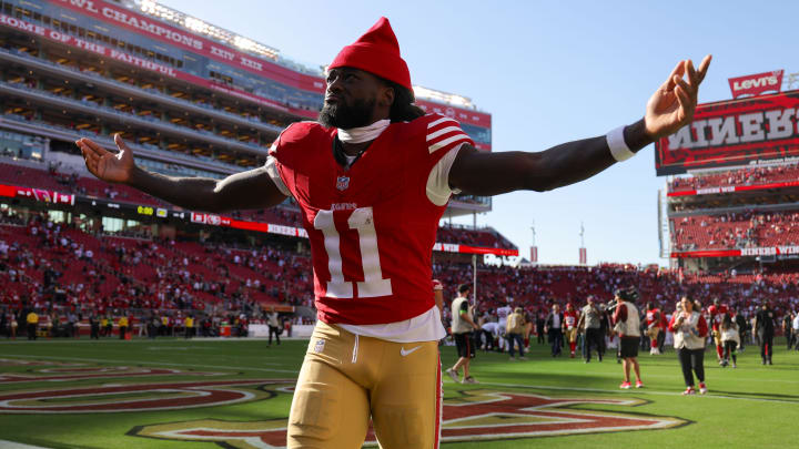 Oct 1, 2023; Santa Clara, California, USA; San Francisco 49ers wide receiver Brandon Aiyuk (11) celebrates after the game against the Arizona Cardinals at Levi's Stadium. Mandatory Credit: Sergio Estrada-USA TODAY Sports