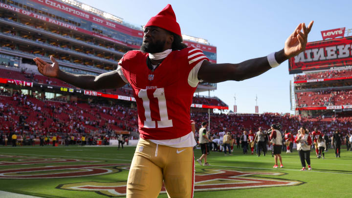 Oct 1, 2023; Santa Clara, California, USA; San Francisco 49ers wide receiver Brandon Aiyuk (11) celebrates after the game against the Arizona Cardinals at Levi's Stadium.